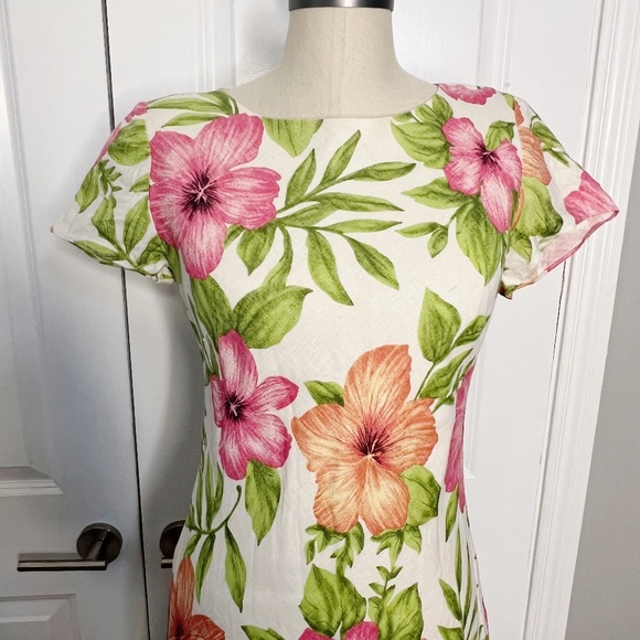 Talbots Size 6 Linen Maxi Dress Tropical Floral Print Cream Pink Green - Picture 5 of 7